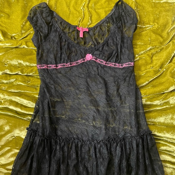 Nana anime Y2K vintage Betsy Johnson black pink sheer lace flower princess top - Picture 3 of 8